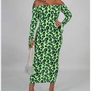 Neon green animal print midi dress